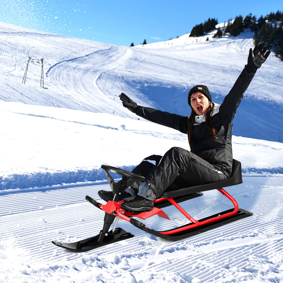 Kids Snow Sled with Steering Wheel and Double Brakes