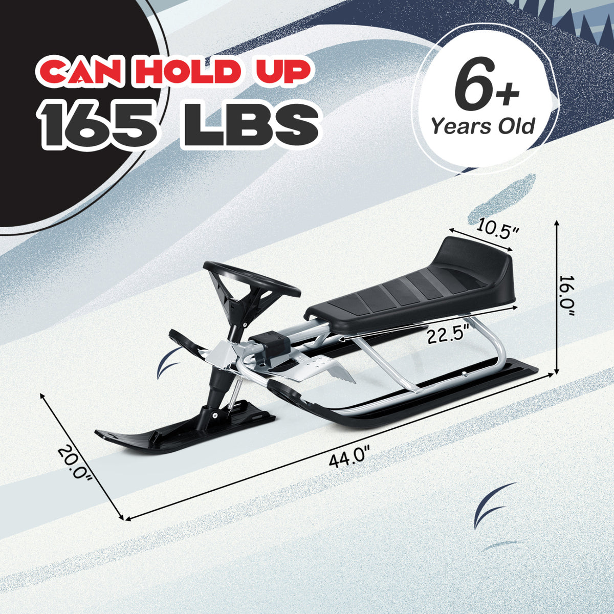 Kids Snow Sled with Steering Wheel and Double Brakes