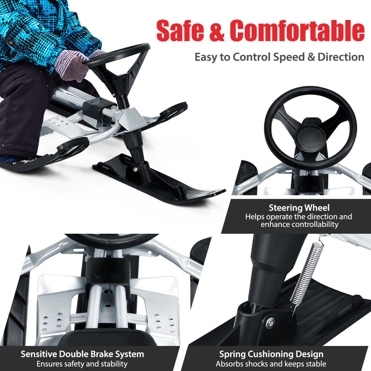 Kids Snow Sled with Steering Wheel and Double Brakes