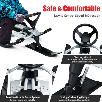 Kids Snow Sled with Steering Wheel and Double Brakes
