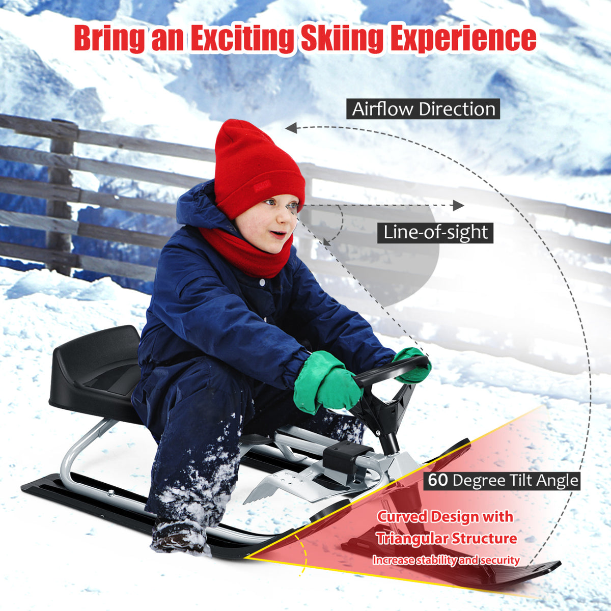 Kids Snow Sled with Steering Wheel and Double Brakes