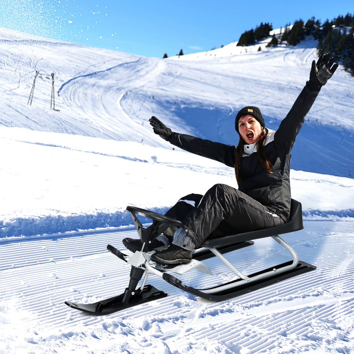 Kids Snow Sled with Steering Wheel and Double Brakes