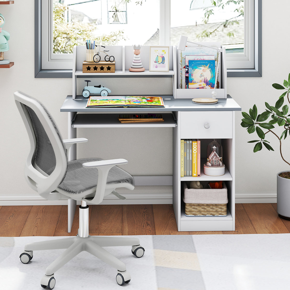 Kids Study Desk with Hutch, Drawer & Keyboard Tray