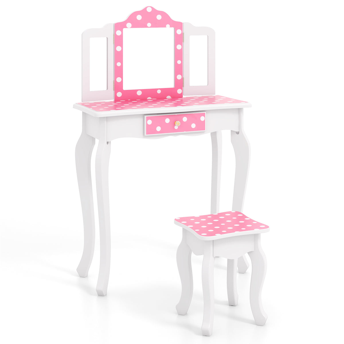 Kids Vanity Table with Tri-Fold Mirror and Stool - Pink