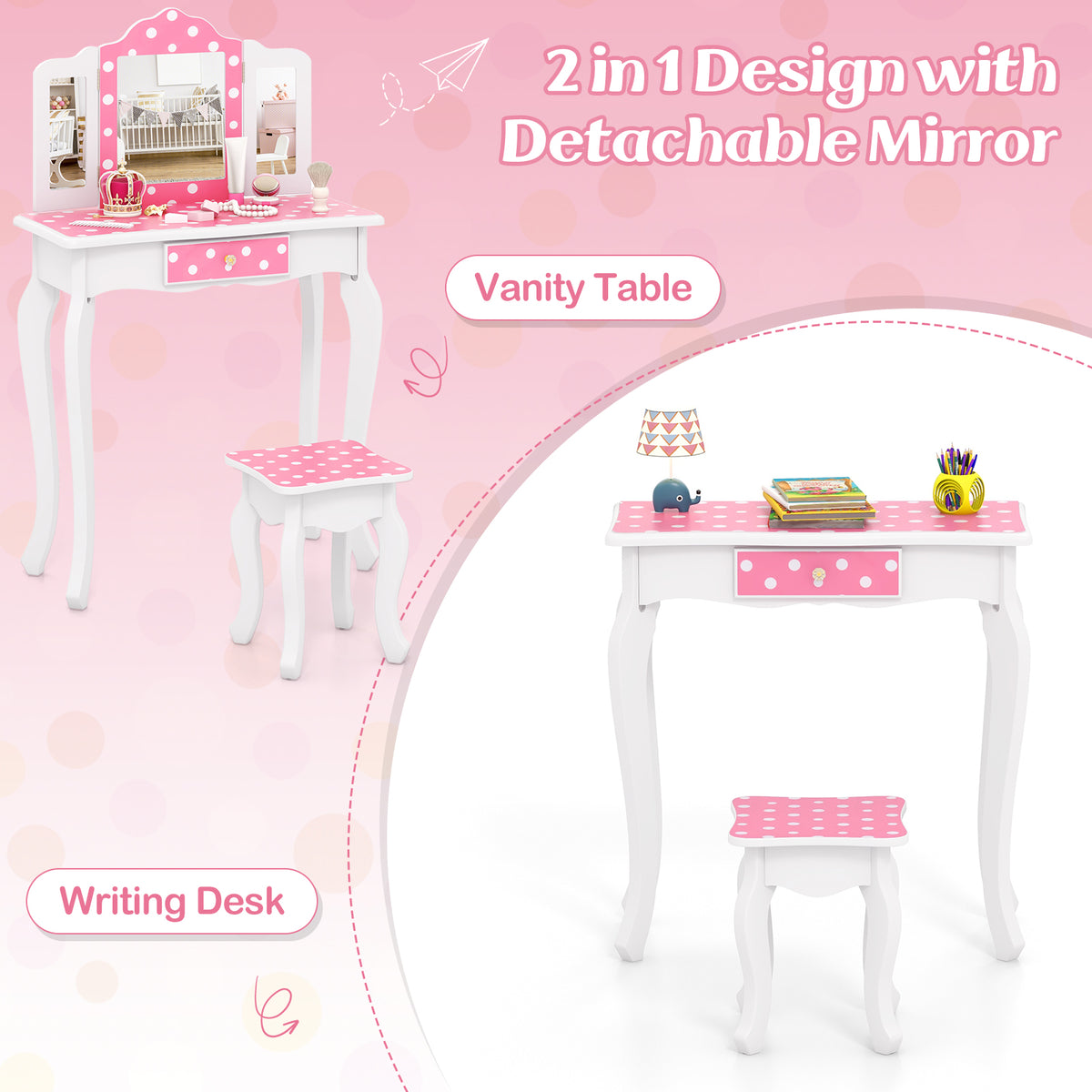 Kids Vanity Table with Tri-Fold Mirror and Stool - Pink
