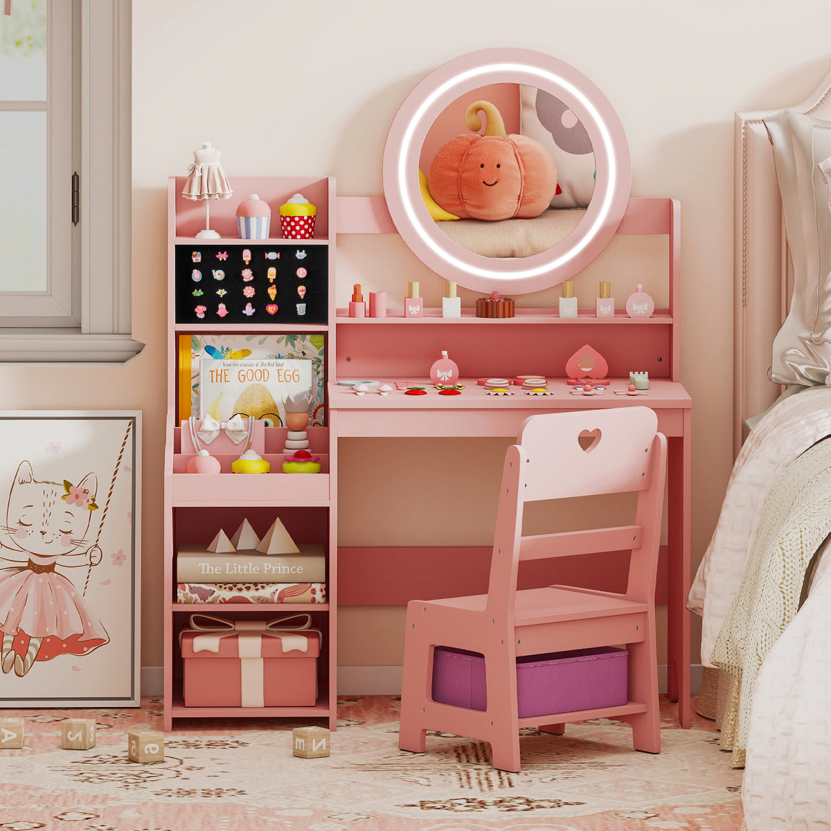 Kids Vanity Desk with Lighted Mirror and Chair Set
