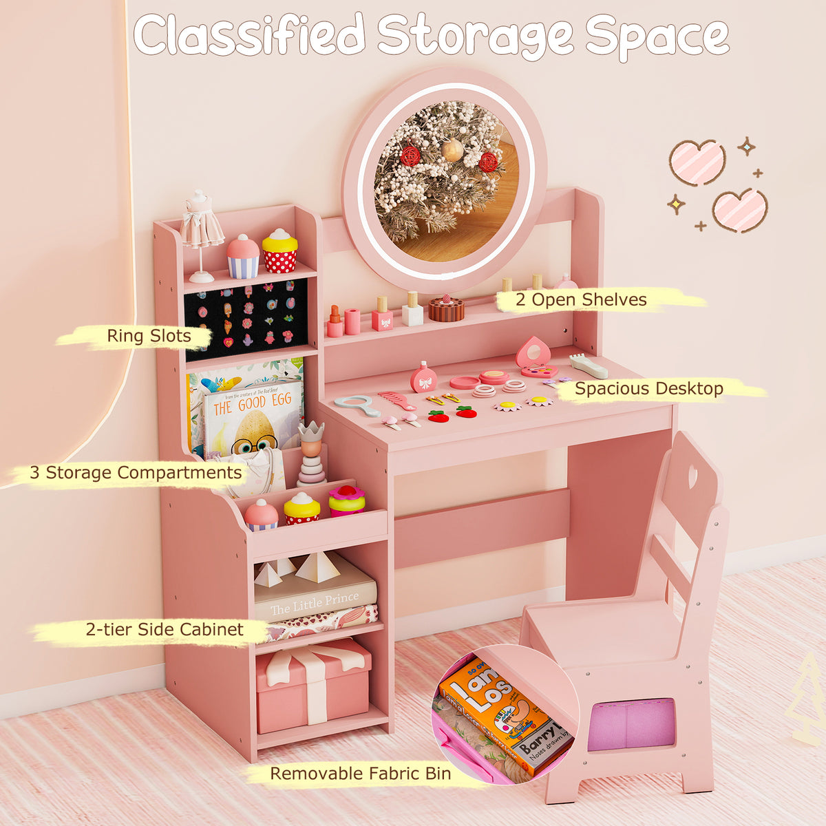 Kids Vanity Desk with Lighted Mirror and Chair Set