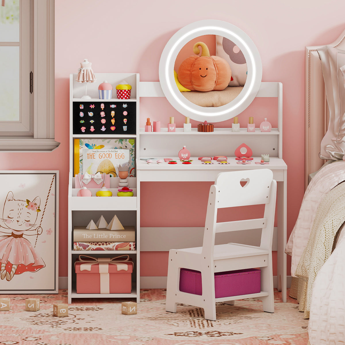 Kids Vanity Desk with Lighted Mirror and Chair Set