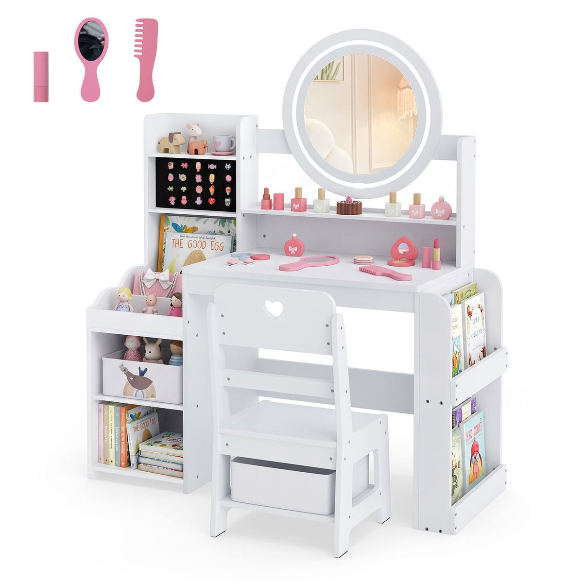 Kids Vanity Desk with Mirror Side Bookshelf and Ring Slots