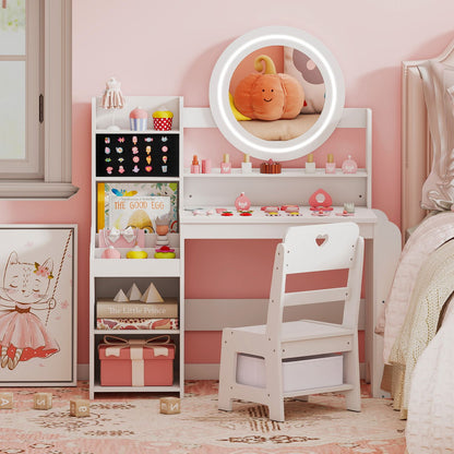 Kids Vanity Desk with Mirror Side Bookshelf and Ring Slots
