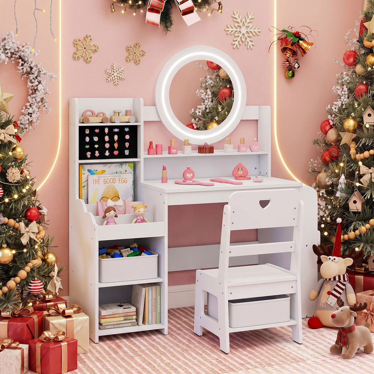 Kids Vanity Desk with Mirror Side Bookshelf and Ring Slots
