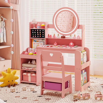 Kids Vanity Desk with Mirror Side Bookshelf and Ring Slots