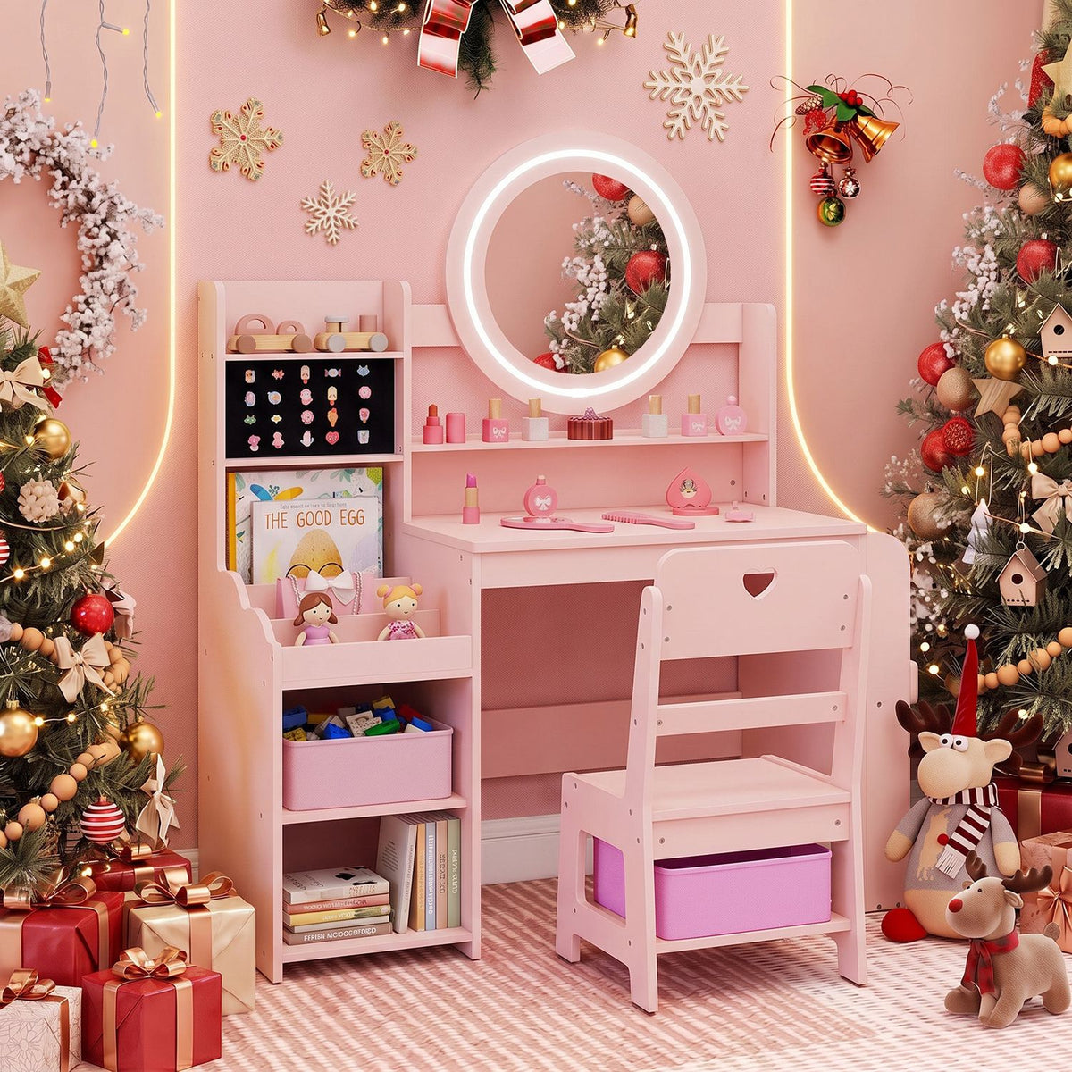 Kids Vanity Desk with Mirror Side Bookshelf and Ring Slots