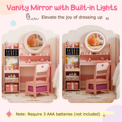 Kids Vanity Desk with Mirror Side Bookshelf and Ring Slots