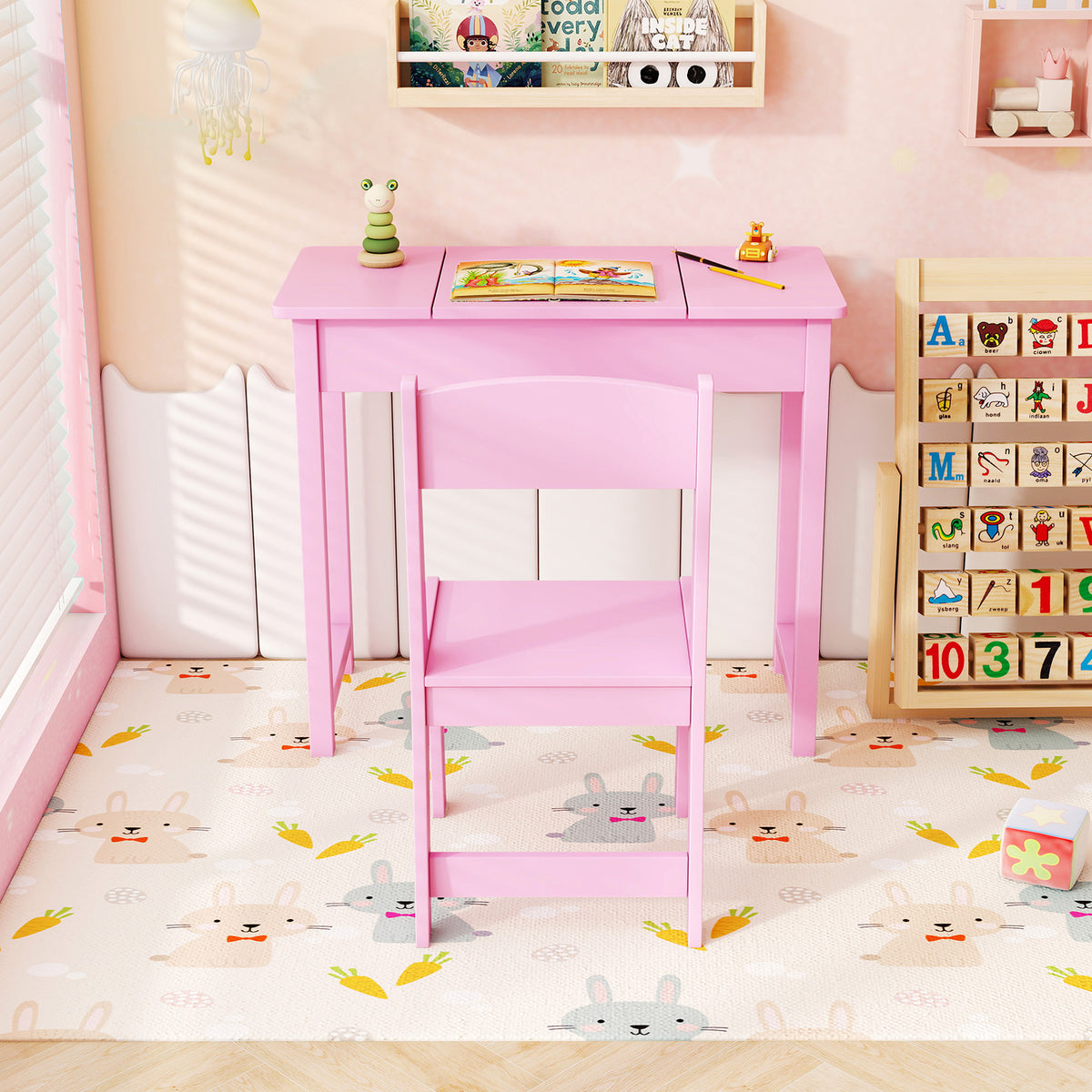 Kids Vanity Table and Chair Set with Flip Top Mirror