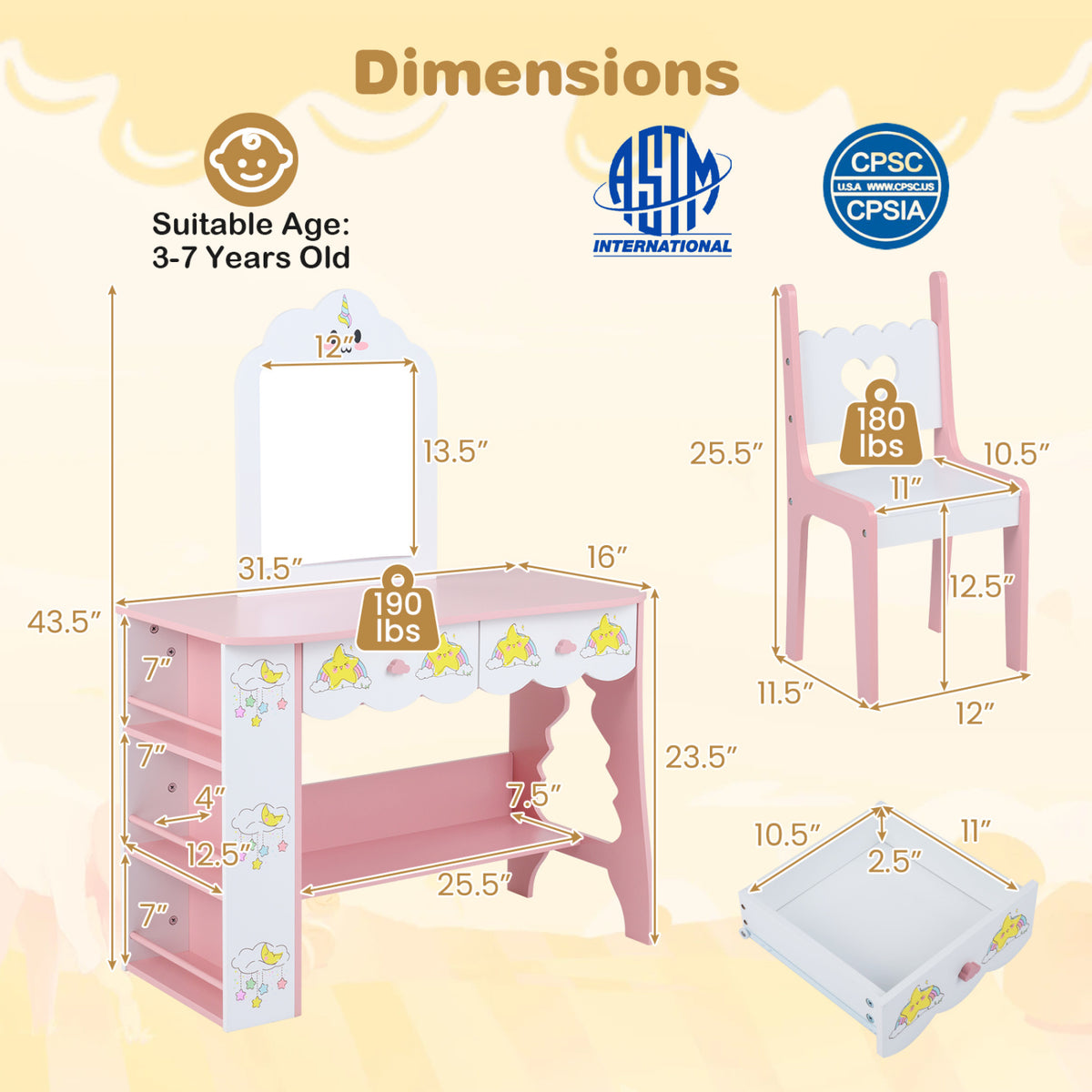 Kids Vanity Set with Mirror and Chair - Pink & White