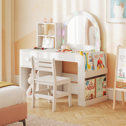 Kids Vanity Table and Chair Set with Lighted Mirror