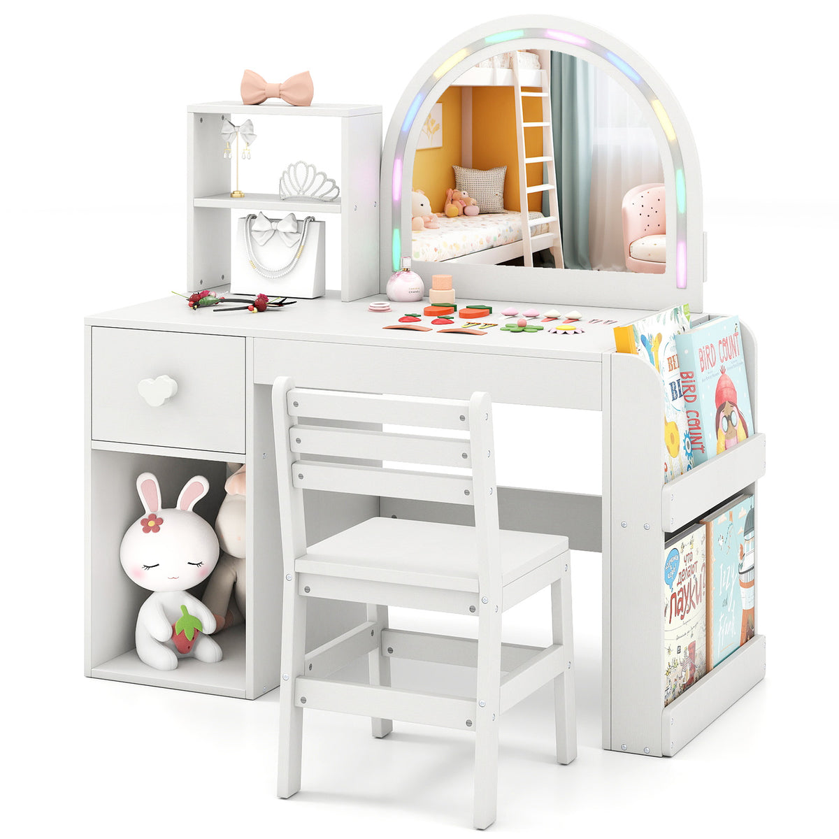 Kids Vanity Table and Chair Set with Lighted Mirror