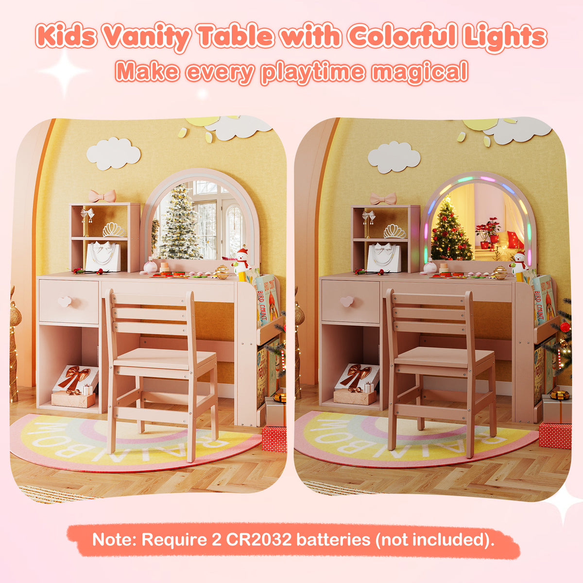 Kids Vanity Table and Chair Set with Lighted Mirror