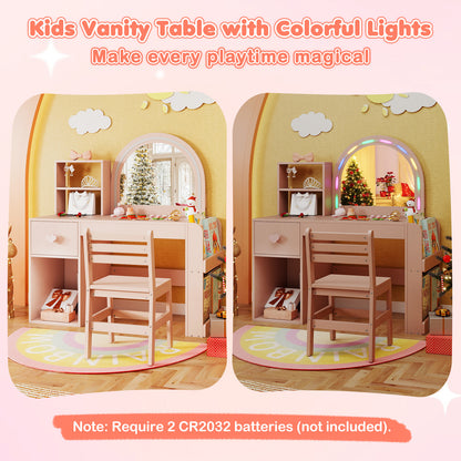 Kids Vanity Table and Chair Set with Lighted Mirror