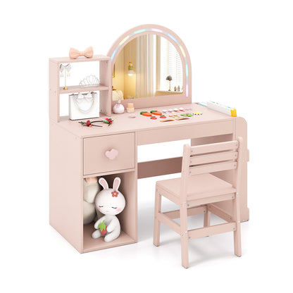 Kids Vanity Table and Chair Set with Lighted Mirror