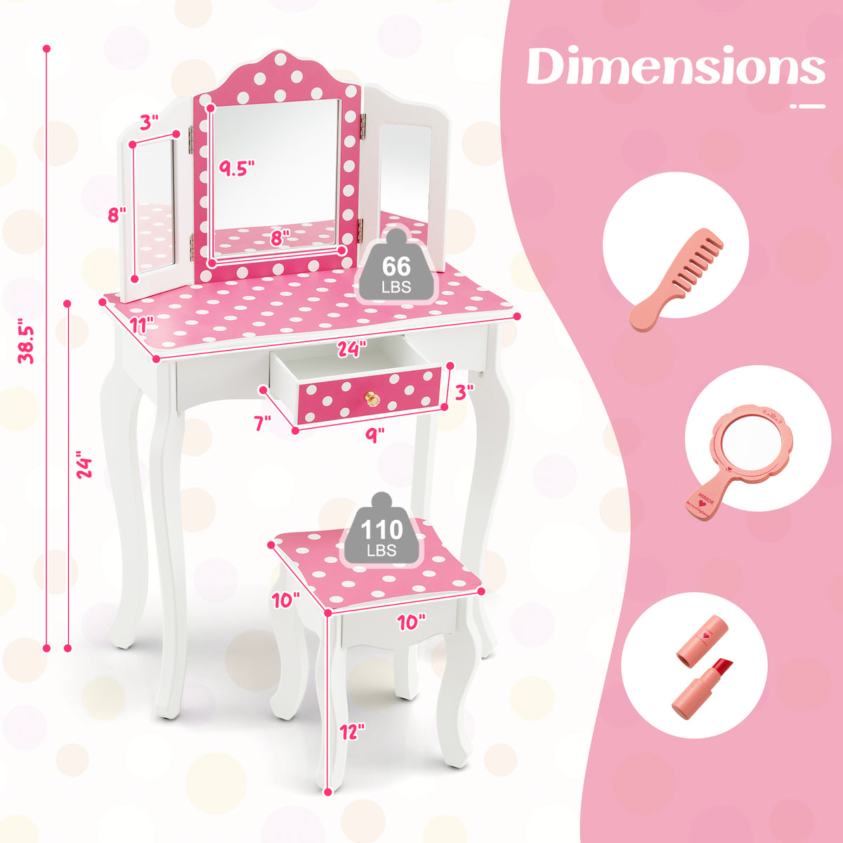 Kids Vanity Table with Tri-Fold Mirror and Stool - Pink