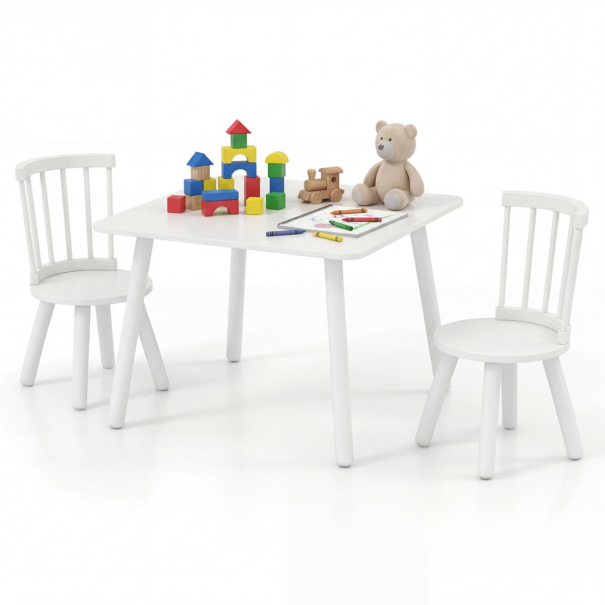 Kids Wooden Table and Chair Set 3-Piece Pine Wood Furniture