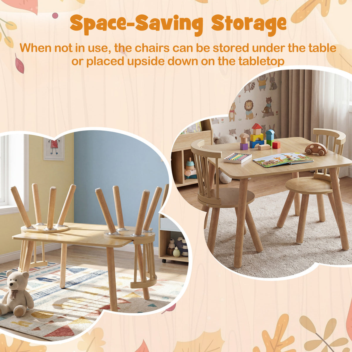 Kids Wooden Table and Chair Set 3-Piece Pine Wood Furniture