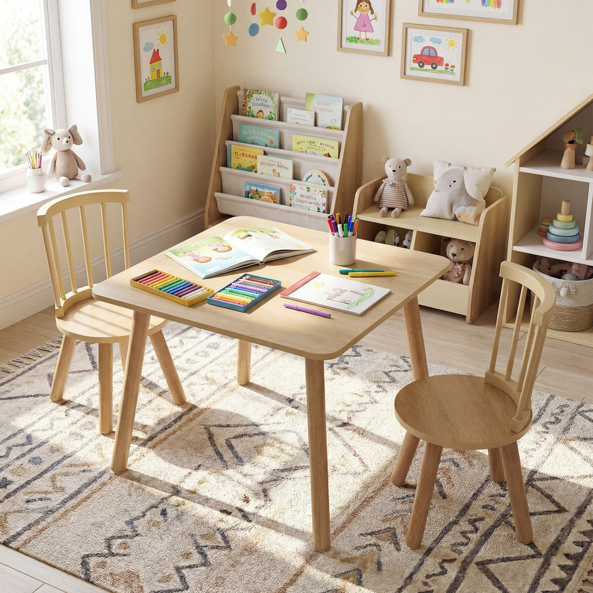 Kids Wooden Table and Chair Set 3-Piece Pine Wood Furniture