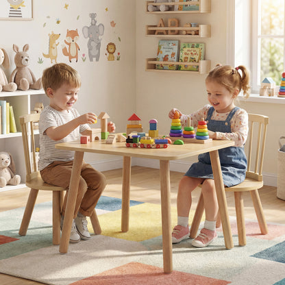 Kids Wooden Table and Chair Set 3-Piece Pine Wood Furniture
