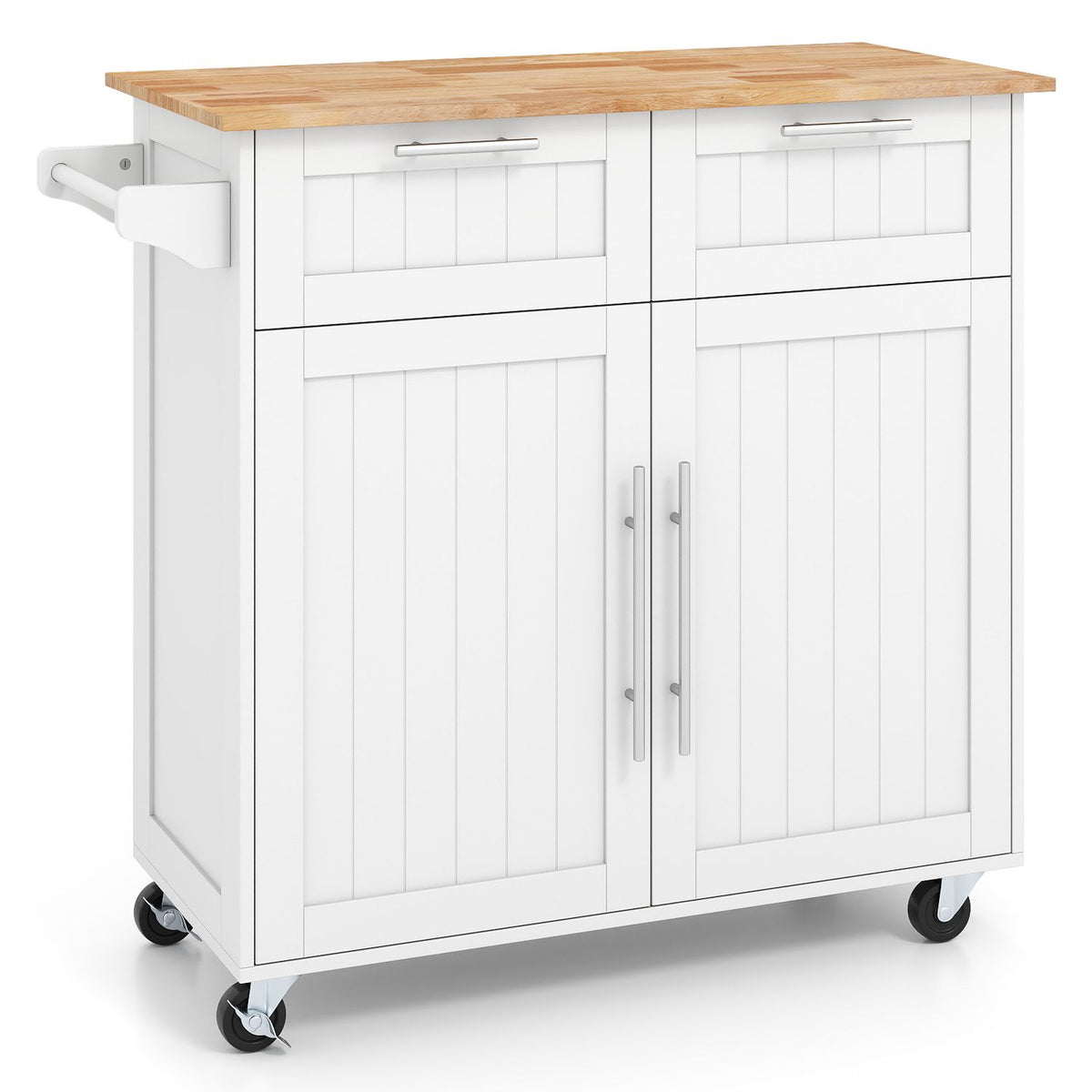 Kitchen Island Cart with Rubber Wood Top and Adjustable Shelves Towel Rack for Dining Room-White