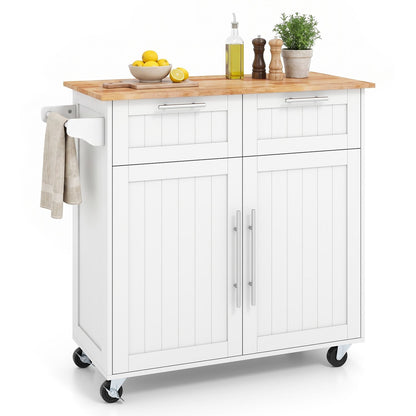 Kitchen Island Cart with Rubber Wood Top and Adjustable Shelves Towel Rack for Dining Room-White