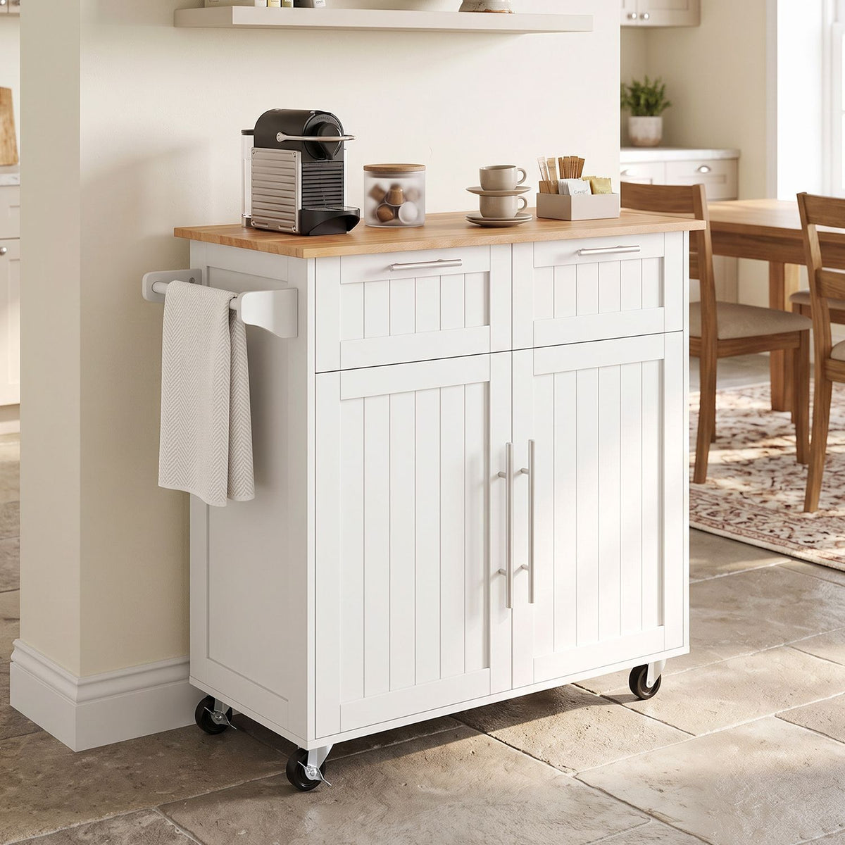 Kitchen Island Cart with Rubber Wood Top and Adjustable Shelves Towel Rack for Dining Room-White