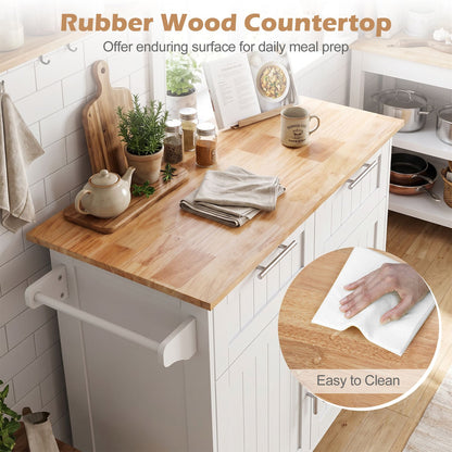 Kitchen Island Cart with Rubber Wood Top and Adjustable Shelves Towel Rack for Dining Room-White