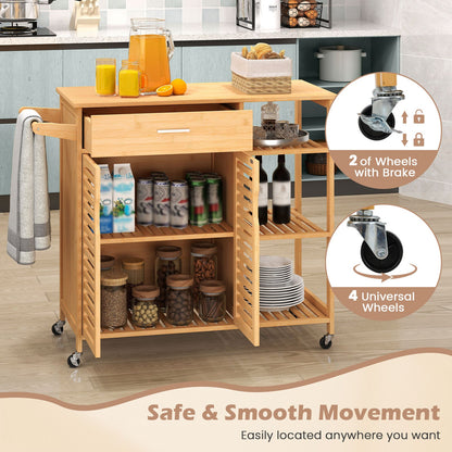 Kitchen Island Cart on Wheels with Sturdy Bamboo Frame-Natural