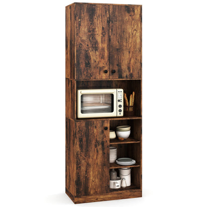 Kitchen Pantry Storage Cabinet with Microwave Stand and Open Shelves