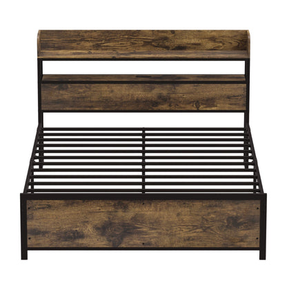 Queen LED Bed Frame with Power Outlets and Storage Headboard