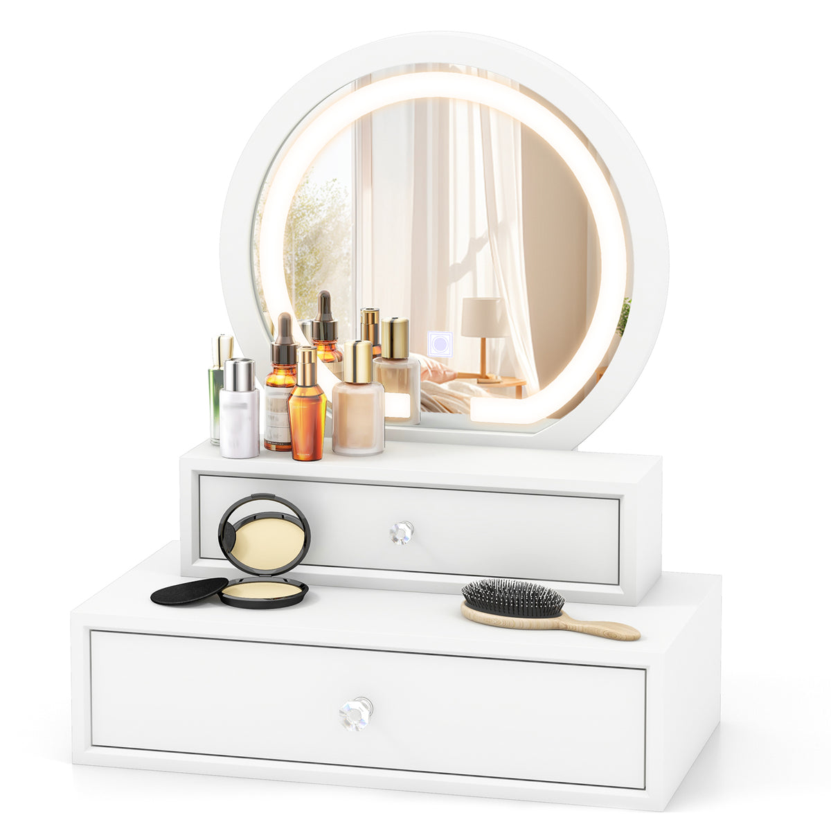 Vanity Mirror with LED Lights and Drawers - White