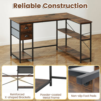 L Shaped Desk with Charging Station Corner Computer Desk with 2 Fabric Drawers