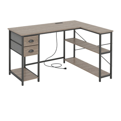 L Shaped Desk with Charging Station Corner Computer Desk with 2 Fabric Drawers