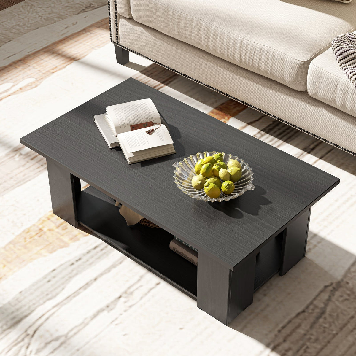 Large 36/41 Inch 2-tier Wooden Modern Coffee Table with Storage Shelf-Black