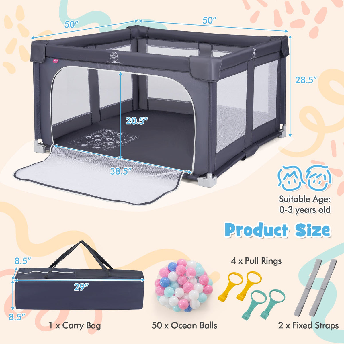 Large Baby Playpen BPA-Free Foldable Toddlers Safety Fence Play Yard-Dark Grey
