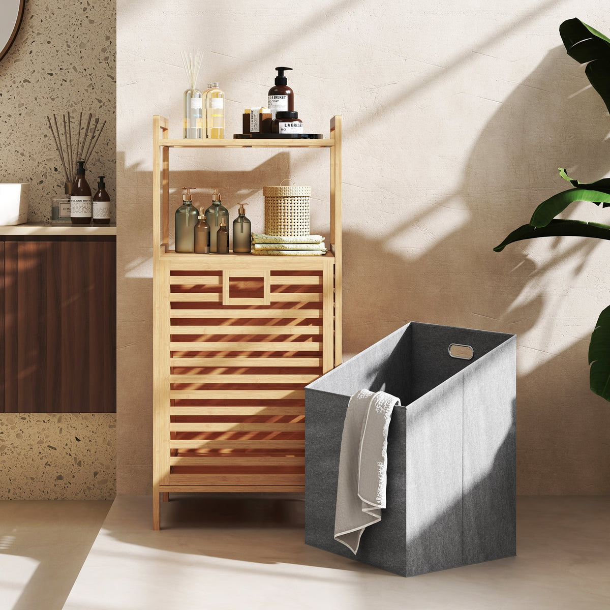 Bamboo Tilt out Laundry Hamper with Foldable and Removable Basket-Natural