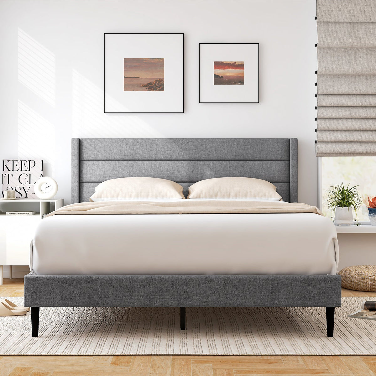 Linen Upholstered Platform Twin/Queen Bed Frame with Wingback Headboard
