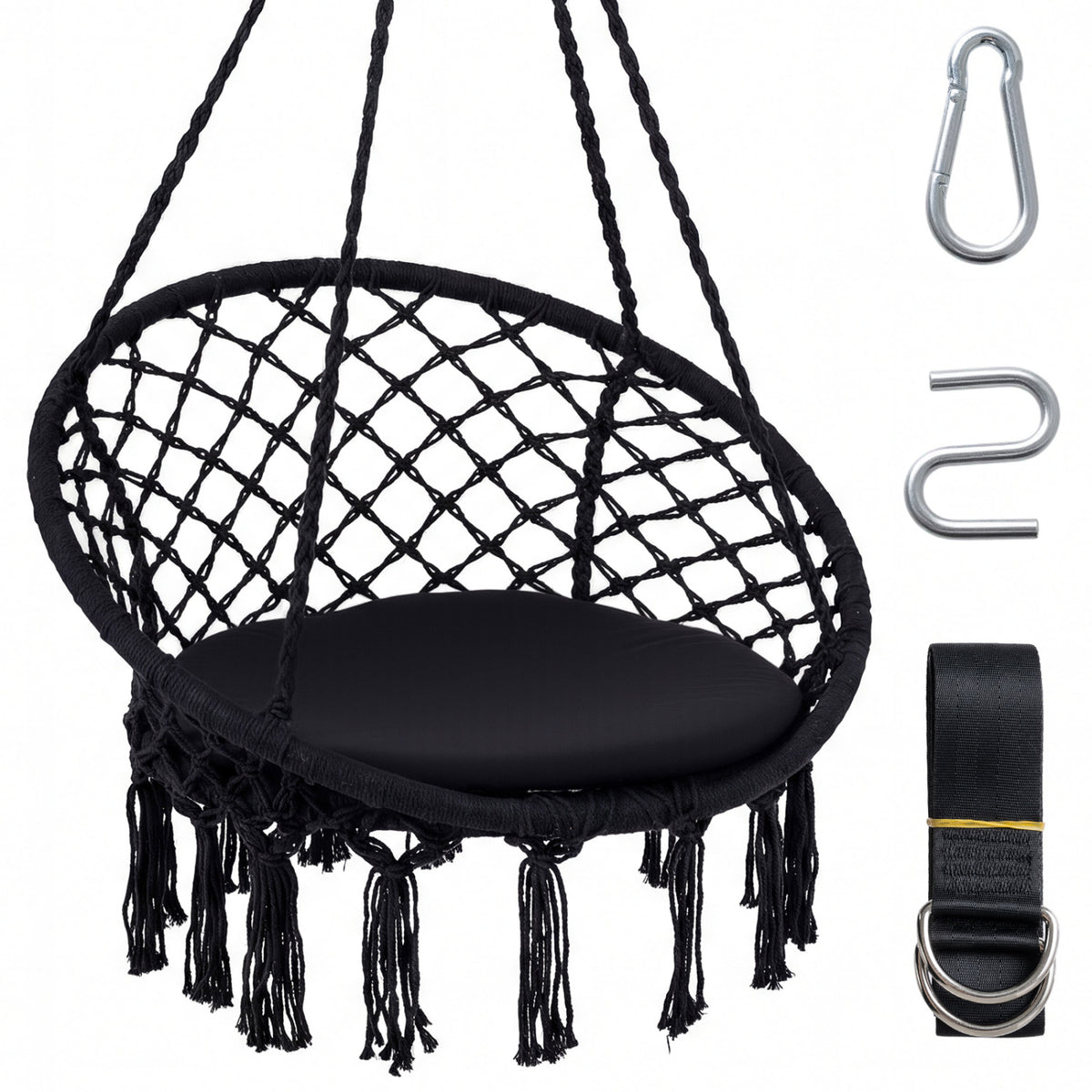 Macrame Swing Chair with Round Cushion and Metal Frame