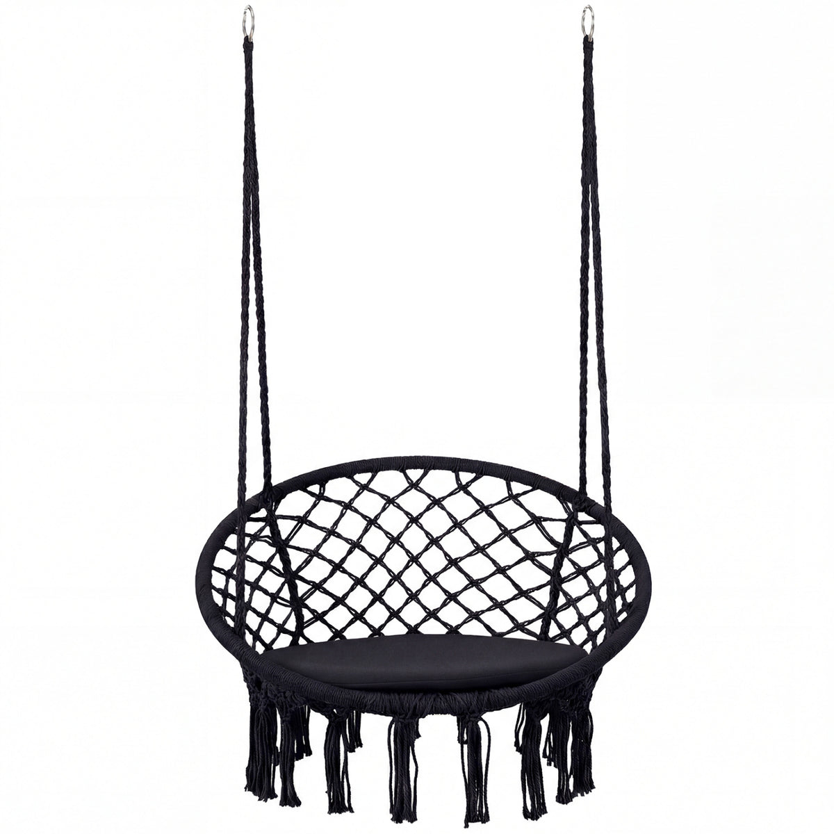 Macrame Swing Chair with Round Cushion and Metal Frame