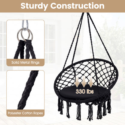 Macrame Swing Chair with Round Cushion and Metal Frame