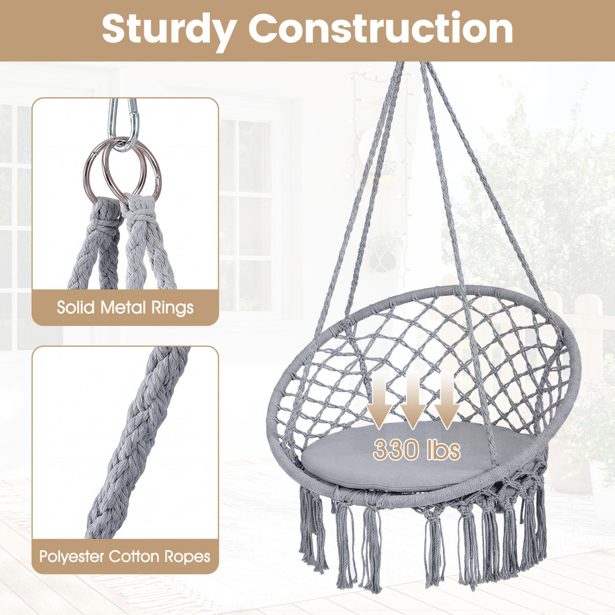Macrame Swing Chair with Round Cushion and Metal Frame