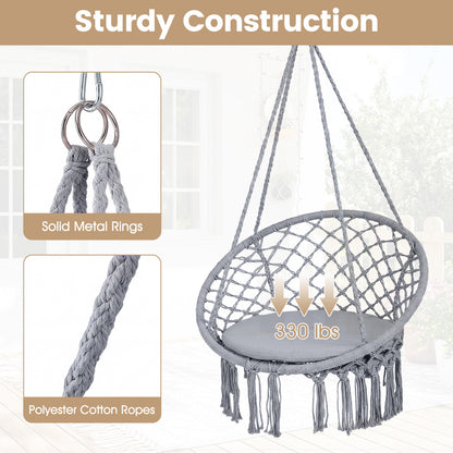 Macrame Swing Chair with Round Cushion and Metal Frame