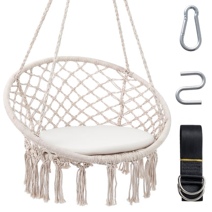 Macrame Swing Chair with Round Cushion and Metal Frame
